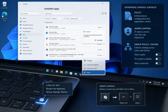 Windows settings show installed apps with Copilot options on a laptop desktop.