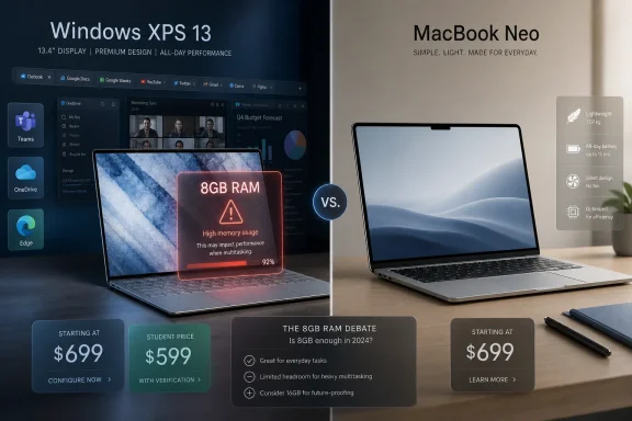 Split-screen laptop ad comparing Windows XPS 13 and MacBook Neo, highlighting 8GB RAM and battery features.