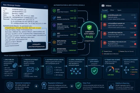 Infographic showing email authentication (SPF/DKIM/DMARC/ARC) and reputation checks leading to an inbox PASS verdict.