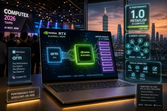 Promotional expo display showing an NVIDIA Blackwell ARM laptop with AI performance and capabilities graphics.
