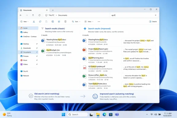 Windows File Explorer shows old vs improved search results with highlighted matches for “April” and “status.”