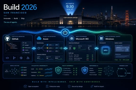 Build 2026 San Francisco keynote graphic with an AI agent layer and GitHub, Azure, Microsoft 365, and Windows.