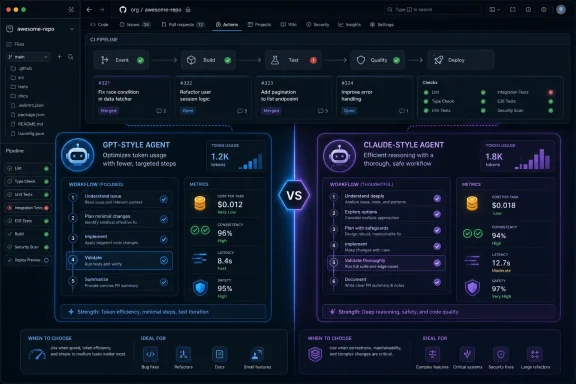 GitHub CI pipeline dashboard comparing GPT-style vs Claude-style agents with tests, metrics, and workflows.