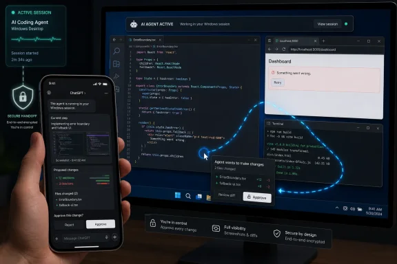AI coding agent approving code changes on a Windows desktop dashboard with secure session UI.