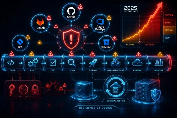 Cybersecurity DevOps workflow diagram linking GitHub, GitLab, Jira, Azure DevOps, Bitbucket with stages and risks.