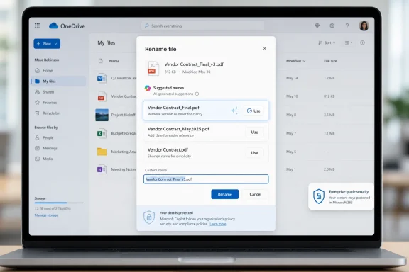 Laptop screen shows OneDrive rename dialog for a “Vendor Contract_Final_v3.pdf” file.