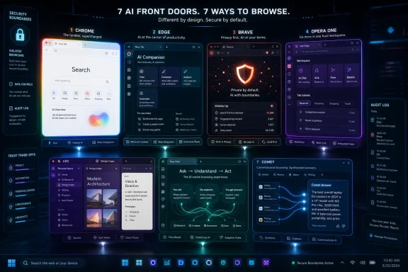A futuristic UI graphic showcasing “7 AI front doors” with secure, private browsing features.