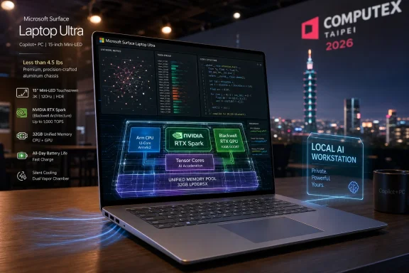 Promotional image of a Microsoft Surface Laptop Ultra with AI “local workstation” display over a city skyline.