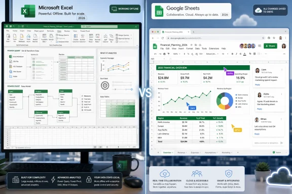 Side-by-side Microsoft Excel and Google Sheets financial dashboards with chat and cloud collaboration UI.