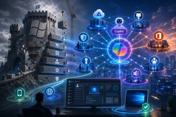 Futuristic tech scene with holographic cloud, Copilot, and security icons around a city construction site.