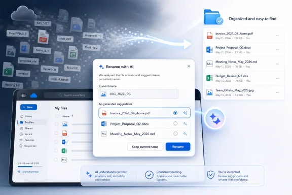 AI-assisted file renaming dialog over a cloud drive interface with suggested document names.