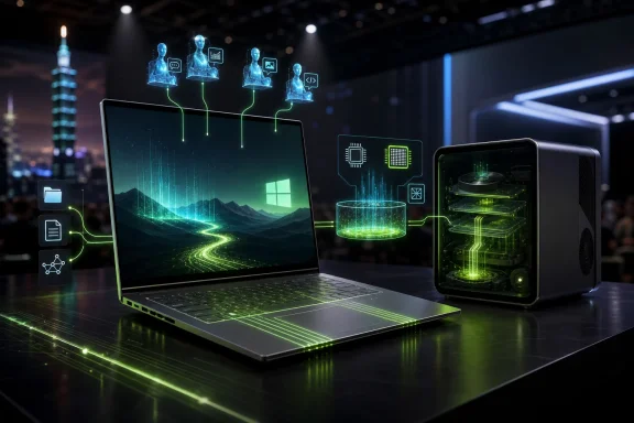 Futuristic tech setup with glowing green circuit graphics on a laptop and gaming PC in a server arena.
