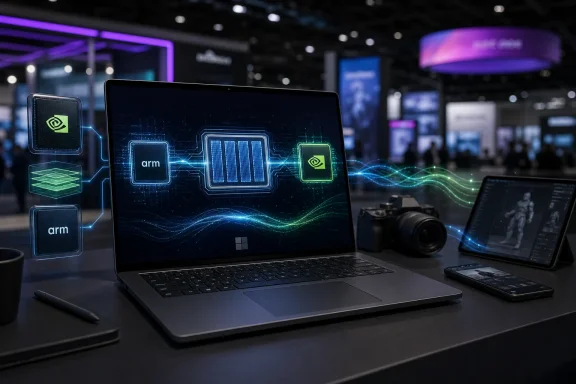 Laptop in a tech expo shows ARM chip circuitry graphics, with neon data lines behind in a blurred conference hall.