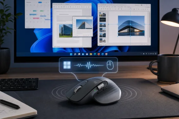 Desktop with design software, a floating UI icon, and a wireless mouse on a desk.