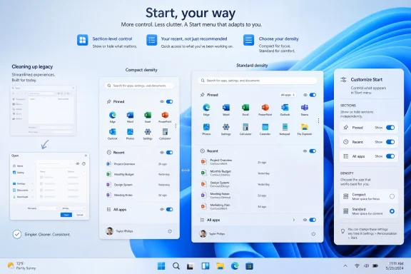 Microsoft Windows “Start” menu mockup showing adjustable control, density, and sections on a blue desktop background.