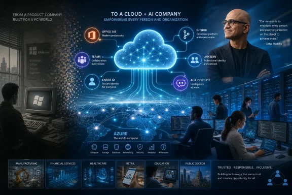 Microsoft Azure cloud infographic with connected enterprise icons and workers in a server room.