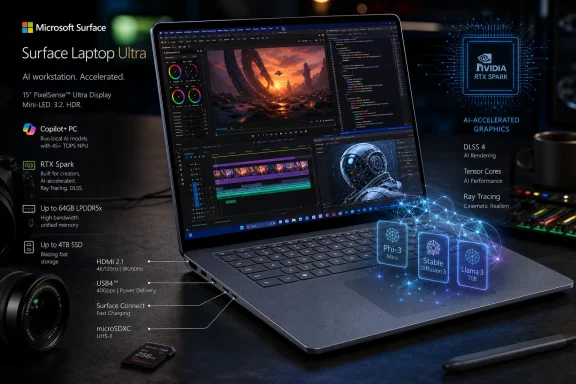 Microsoft Surface Laptop Ultra promotional image showing AI workstation features and NVIDIA RTX Spark graphics.