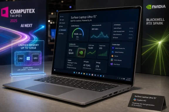 Microsoft Surface Laptop Ultra 15 with AI performance dashboard displayed at Computex Taipei 2025.