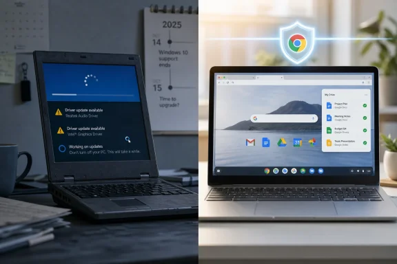 Split image shows laptop updating drivers on one side and a Chrome Shield-protected browser with Google Drive on the other.