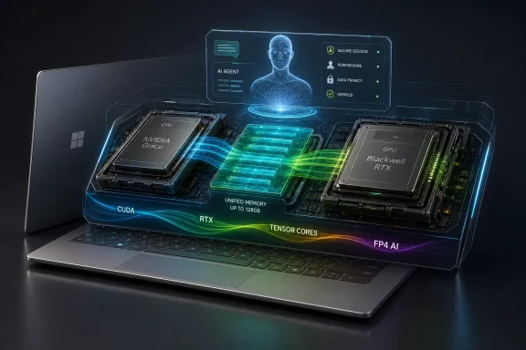Futuristic laptop hardware diagram with glowing CPU/GPU chips and AI security interface.