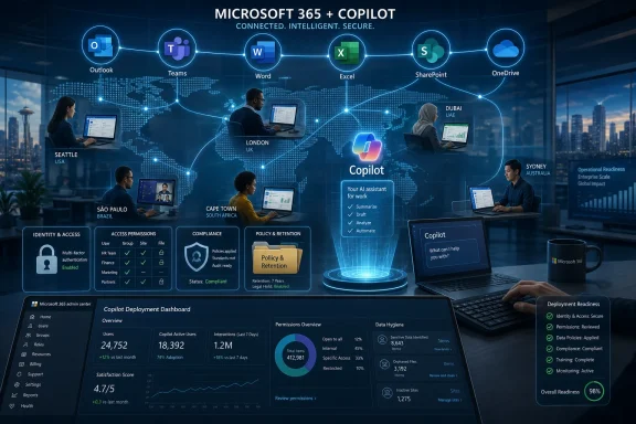 Business scene showing Microsoft 365 with Copilot, cloud-linked apps, dashboards, and global office locations.
