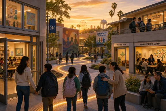 Students walk along a lit school campus at sunset toward after-school activities.