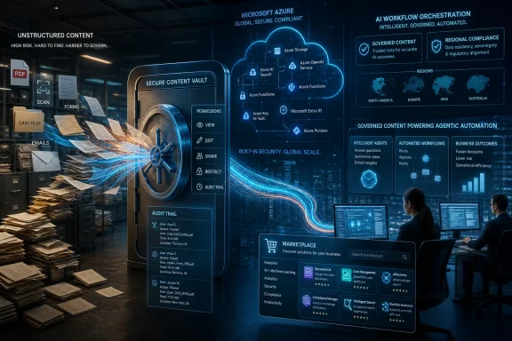Azure cloud compliance graphic showing secured content vault, AI workflow automation, and regional governance.