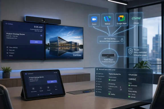 Modern office conference room displays Teams meetings, device connections, and video app integrations on multiple screens.
