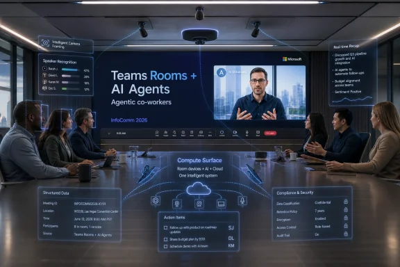 Tech-filled conference room where teams collaborate with AI agents projected on a large screen.