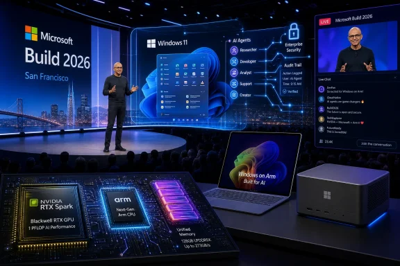 Microsoft Build 2026 stage presentation with a speaker, Windows 11 visuals, and “Windows on Arm” tech display.