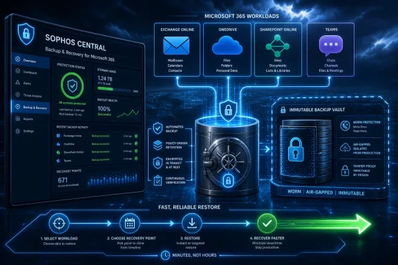 Digital dashboard shows Sophos Central backup/recovery and Microsoft 365 workload protection with an encrypted vault.