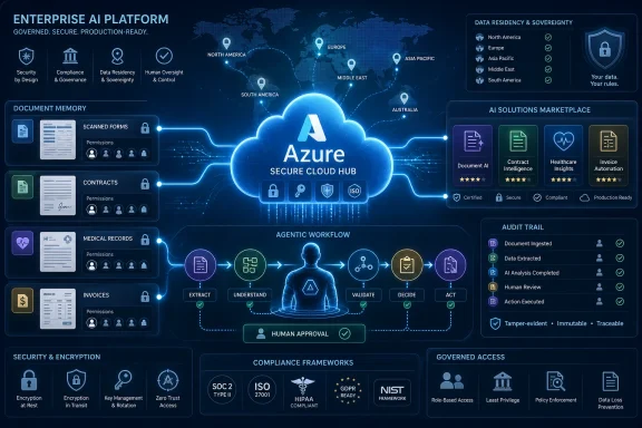 Enterprise AI platform dashboard showing Azure secure cloud hub, document workflows, governance, and audit trail.