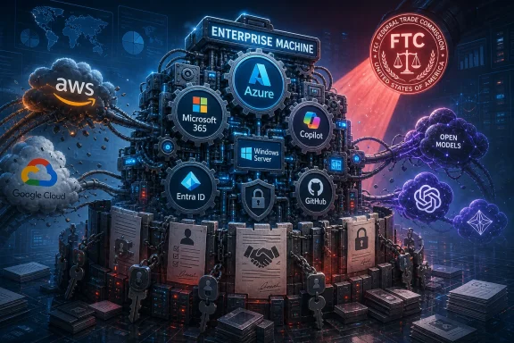 Futuristic cybersecurity “enterprise machine” packed with cloud logos and glowing security chains.