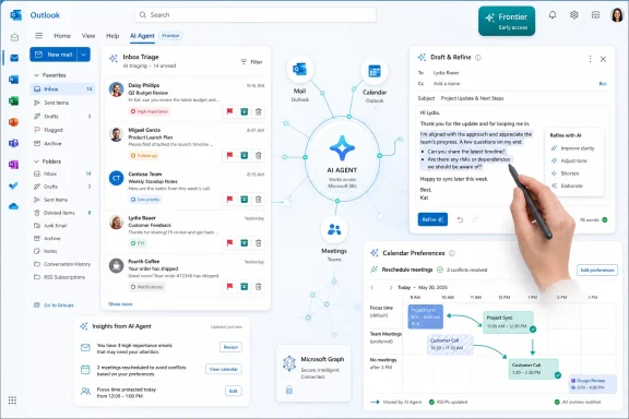 Microsoft Outlook interface shows an AI Agent drafting an email with calendar preferences and meeting suggestions.