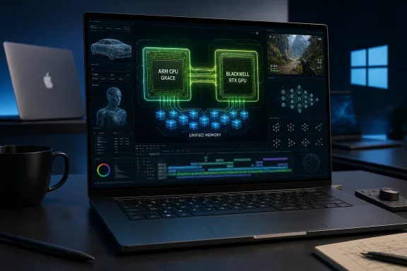 Laptop display shows futuristic ARM CPU and RTX GPU “unified memory” circuitry on a dark workstation.