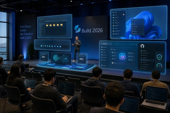 Tech conference keynote with a speaker and glowing “Build 2026” screens over an audience of developers.