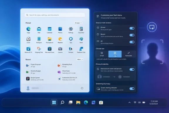 Windows Start menu customization screen with pinned apps and privacy settings on a blue desktop.