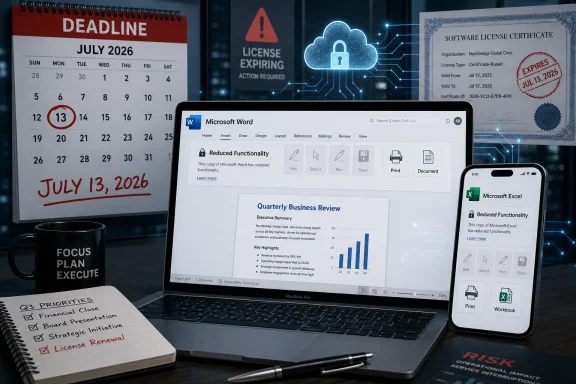 Office scene with a laptop showing Word/Excel “reduced functionality” and a deadline marked July 13, 2026.