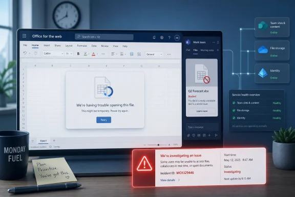 Office web shows an error opening an Excel file, with Teams and cloud services reporting an investigation.