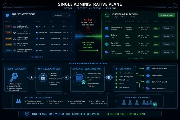 Cyber-resilient recovery dashboard showing threat detection, recovery actions, and a restore pipeline for single administrative plane.