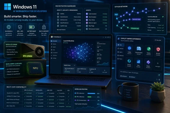 Windows 11 AI developer dashboard with orchestration, GitHub network, and Copilot UI on a laptop.