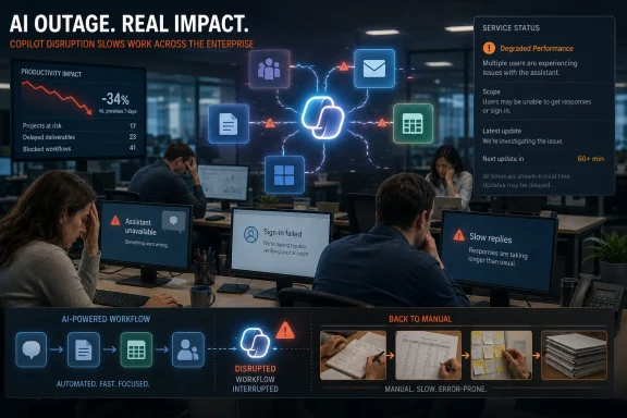 Office staff face AI service disruption as screens show sign-in failed and slow replies, impacting productivity.