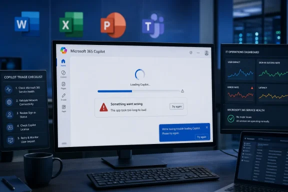 Office monitors show Microsoft 365 Copilot loading error while IT dashboard displays system health charts.