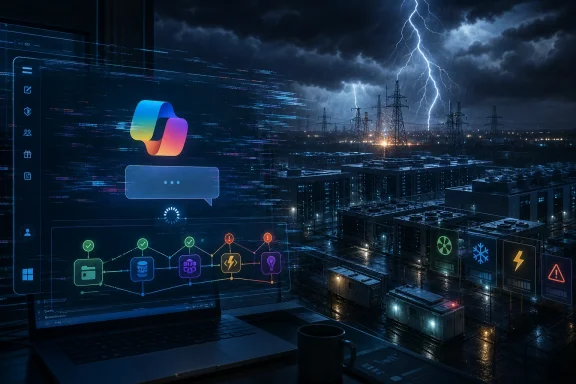 Stormy data center with lightning, server racks, and cyber dashboard holograms.