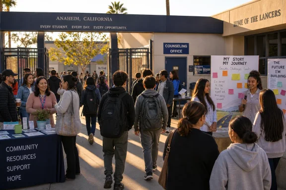Students mingle at a school community resources and counseling booth outside “Home of the Lancers” in Anaheim, California.