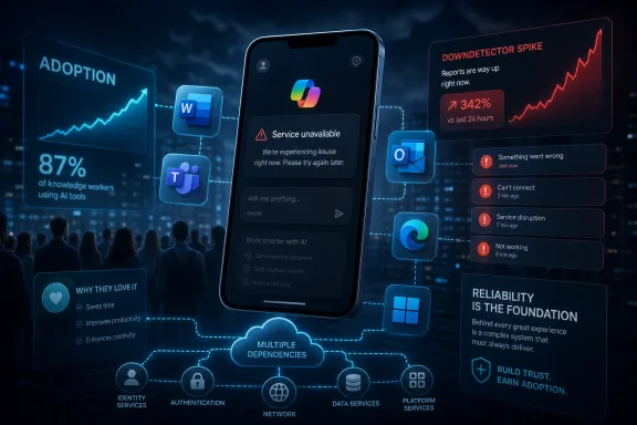 Futuristic dashboard shows a phone with service error alerts amid adoption and reliability analytics.