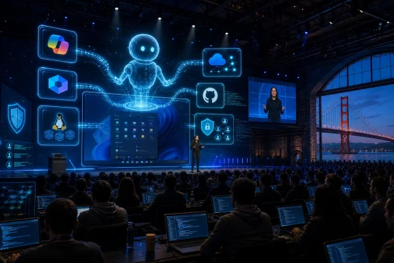Tech conference stage with a presenter amid glowing AI cloud and security network visuals.