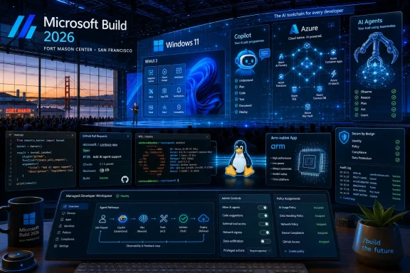 Microsoft Build 2026 stage graphic showcasing Windows 11, Azure AI tools, and coding dashboards.