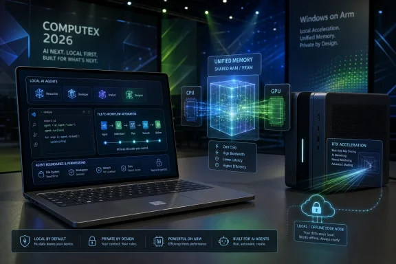 Futuristic COMPUTEX 2026 display shows local AI agents, unified memory, CPU/GPU links, and offline edge node.