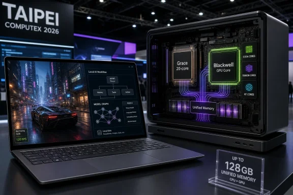 TAIPEI COMPUTEX 2026 display showing a laptop with AI dashboard and an opened GPU chip labeled cores.